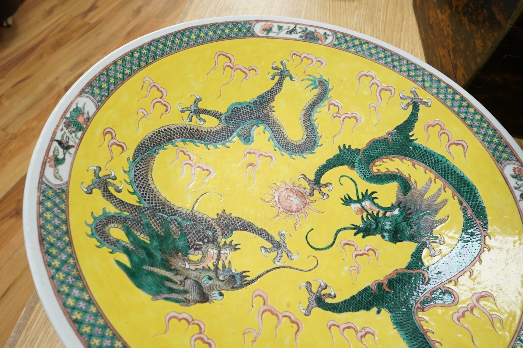 A Chinese yellow ground ‘dragon’ charger, Guangxu period (1875-1908), 47cm diameter.